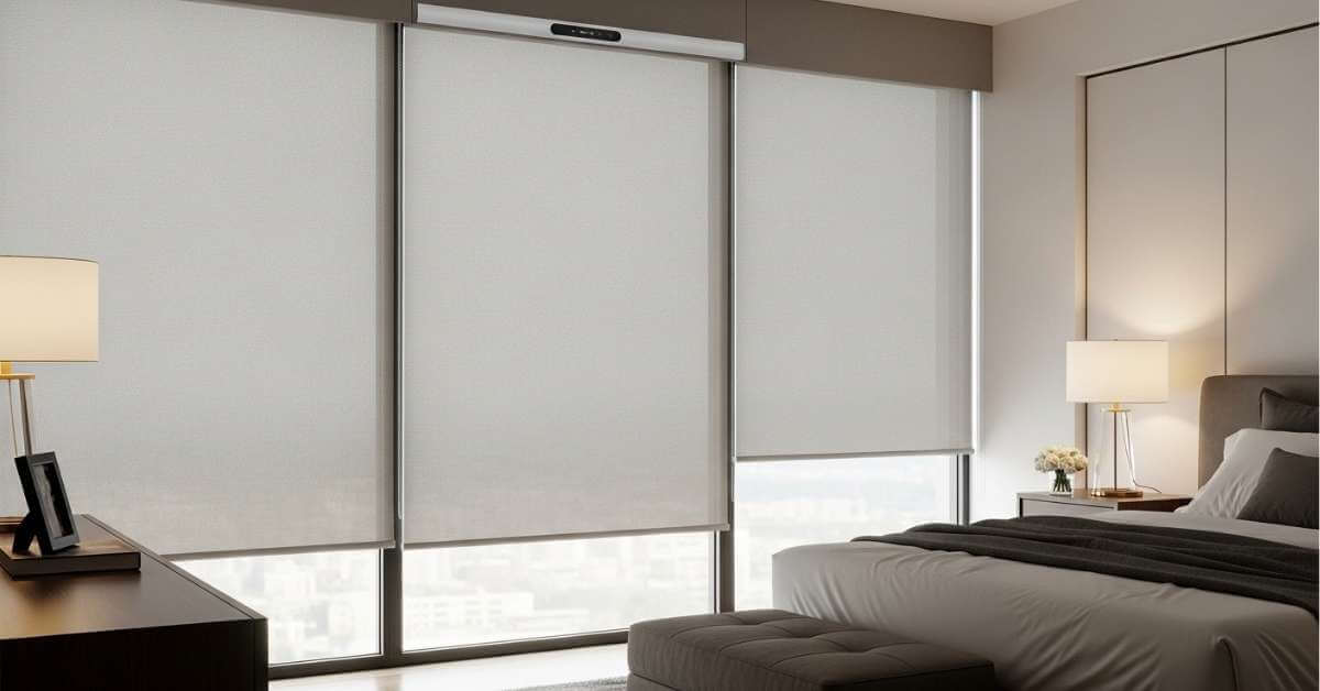 Gray Motorized Roller Shades in a Bedroom