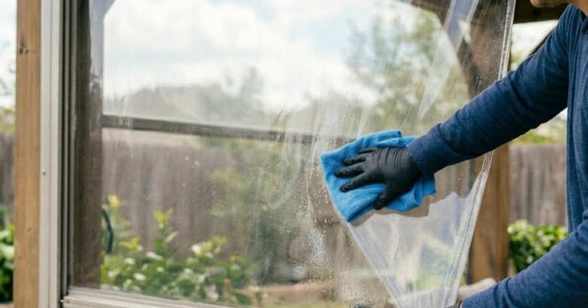 This is a photo of cleaning a retractable clear vinyl screen using a fibercloth